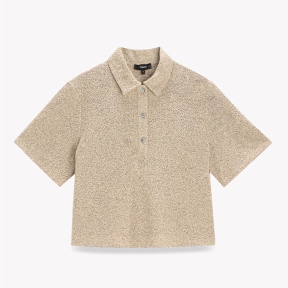 Theory Taupe Cropped Tweed Texture Polo - Picture 3 of 8